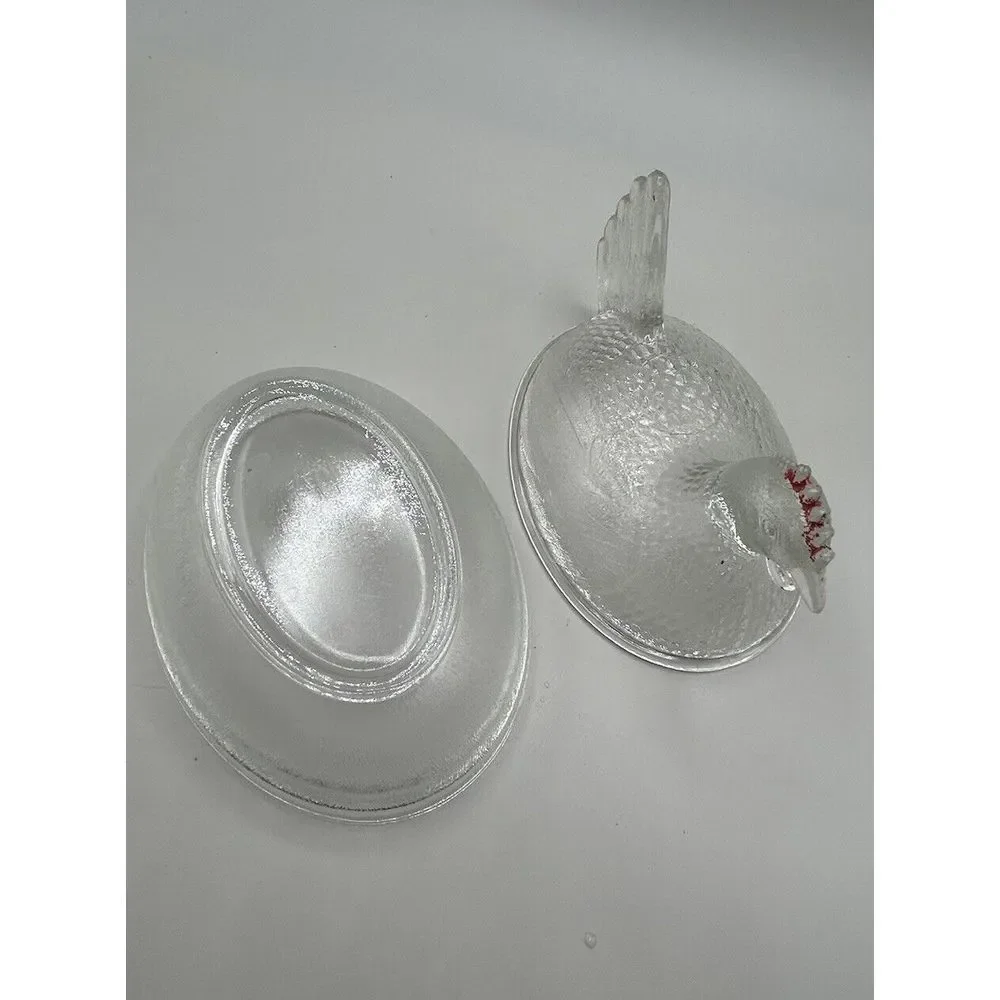 Hen On Nest‎ Indiana Glass Clear Red Comb Chicken  Covered Candy Dish Vintage